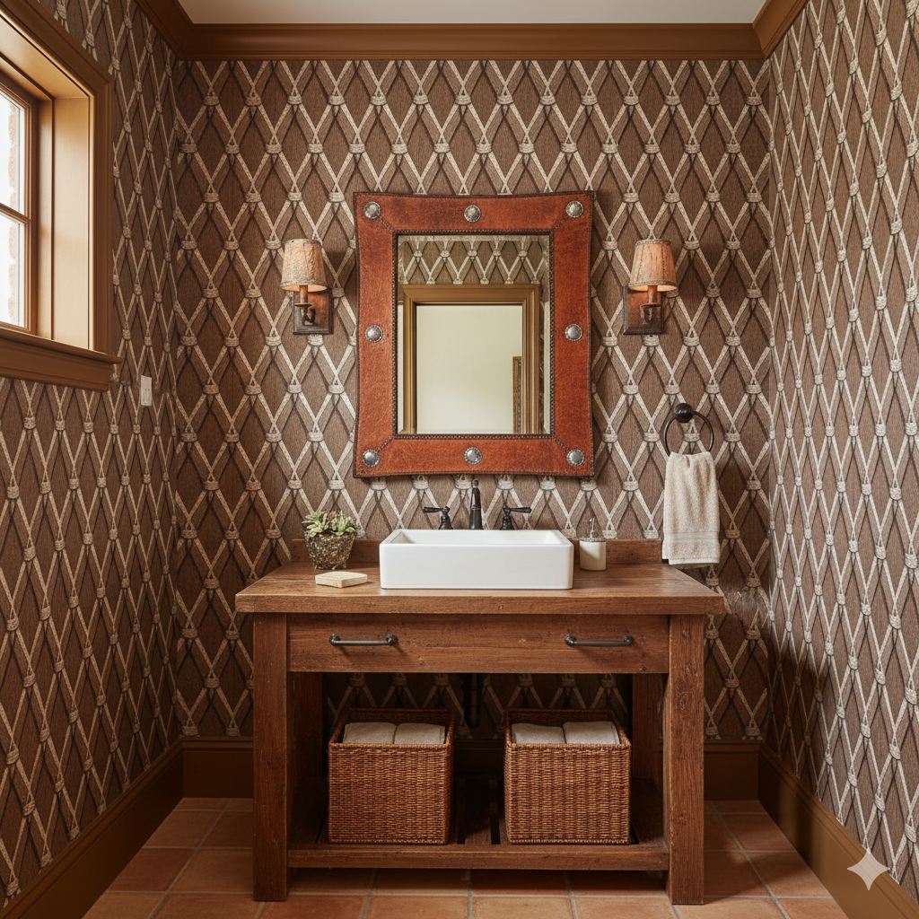 Tetherfield Weave Wallpaper with brown diamond rope pattern, creating a textured wall covering.
