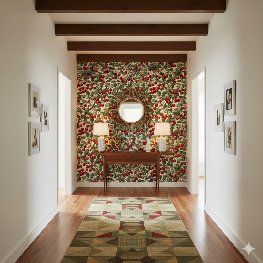 Cranberry Crawl wallpaper with a leaf and berry pattern, covering a wall with lamps and a mirror on display.
