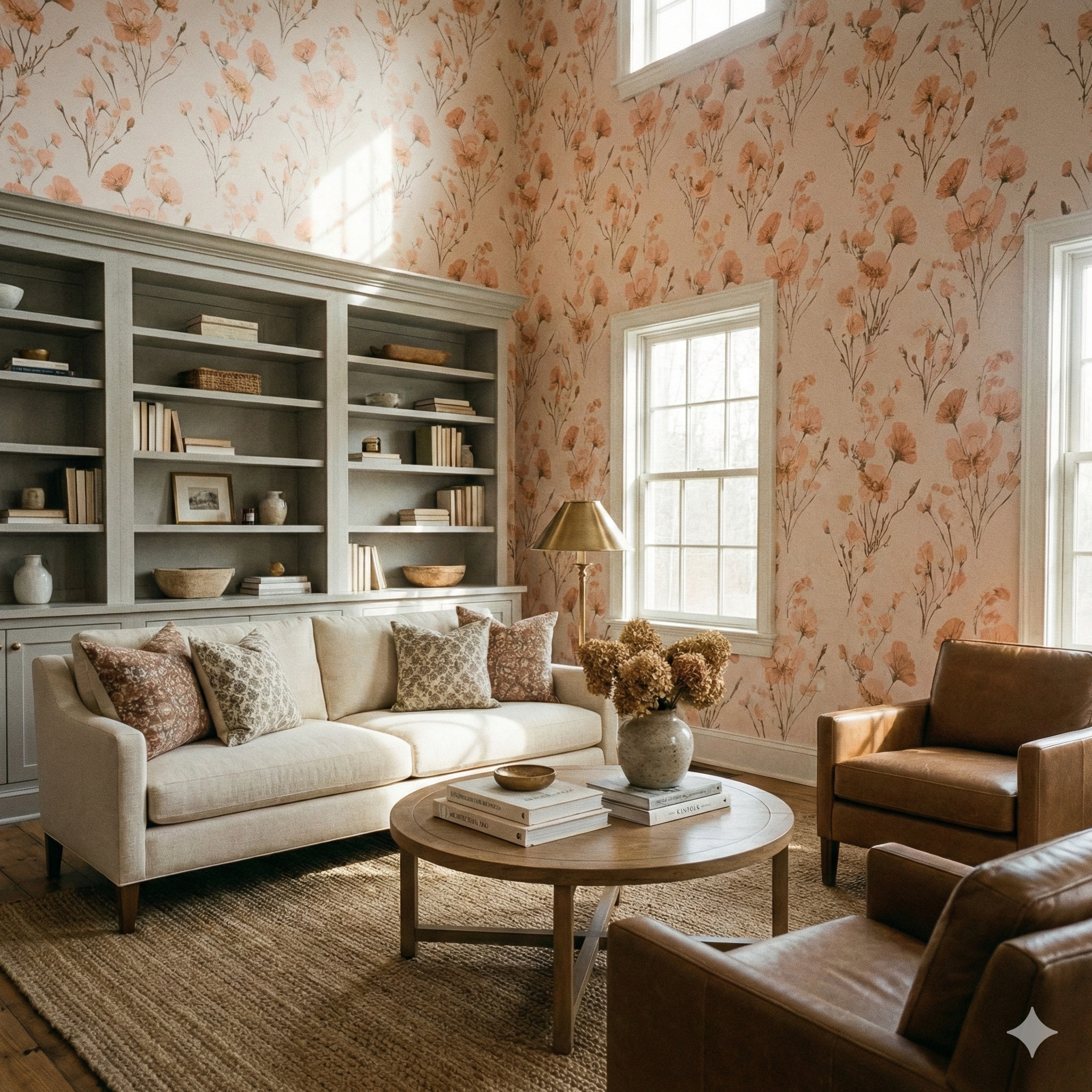 Floral wallpaper with peachy blooms, styled in an interior setting with neutral furniture.