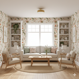 Cherry Bloom Wallpaper with a floral pattern, decorating a bright living room with furniture.