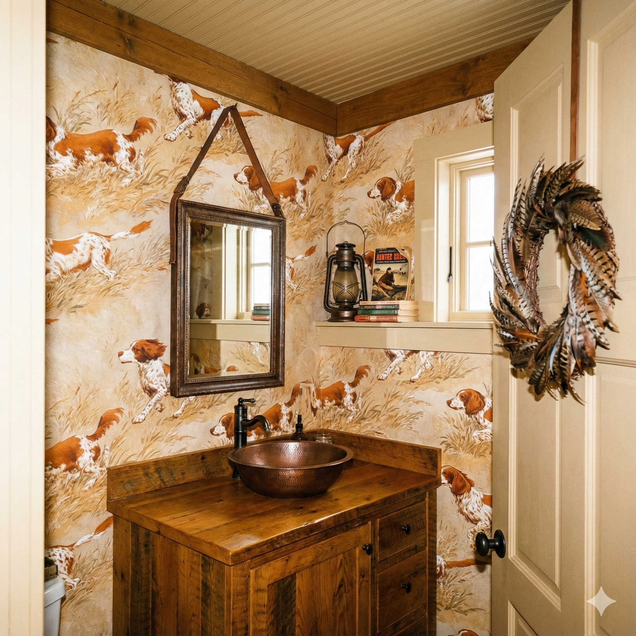 Patterned Redfern Chase Wallpaper with a dog and grass print, set in a traditional rustic bathroom interior.