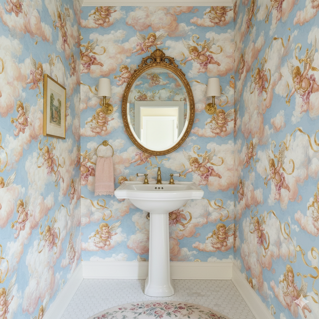 Angelic sky wallpaper with clouds, cherubs, and ribbons, in a repeat pattern.
