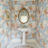 Angelic sky wallpaper with clouds, cherubs, and ribbons, in a repeat pattern.
