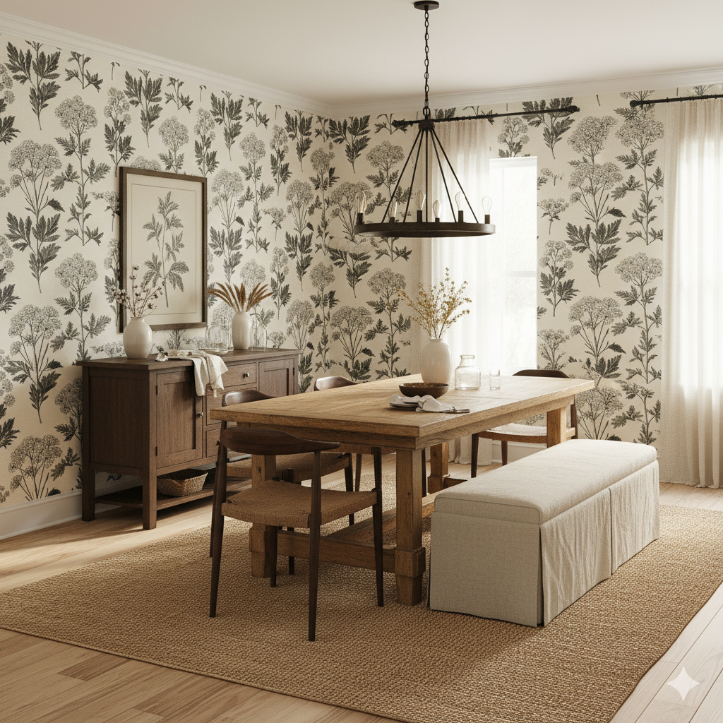 Floral Parish Ledger wallpaper from York Wallcoverings with a botanical pattern in a dining room.