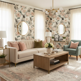 Parisian Bulldogs Wallpaper with a floral and dog pattern, styled in a living room setting.