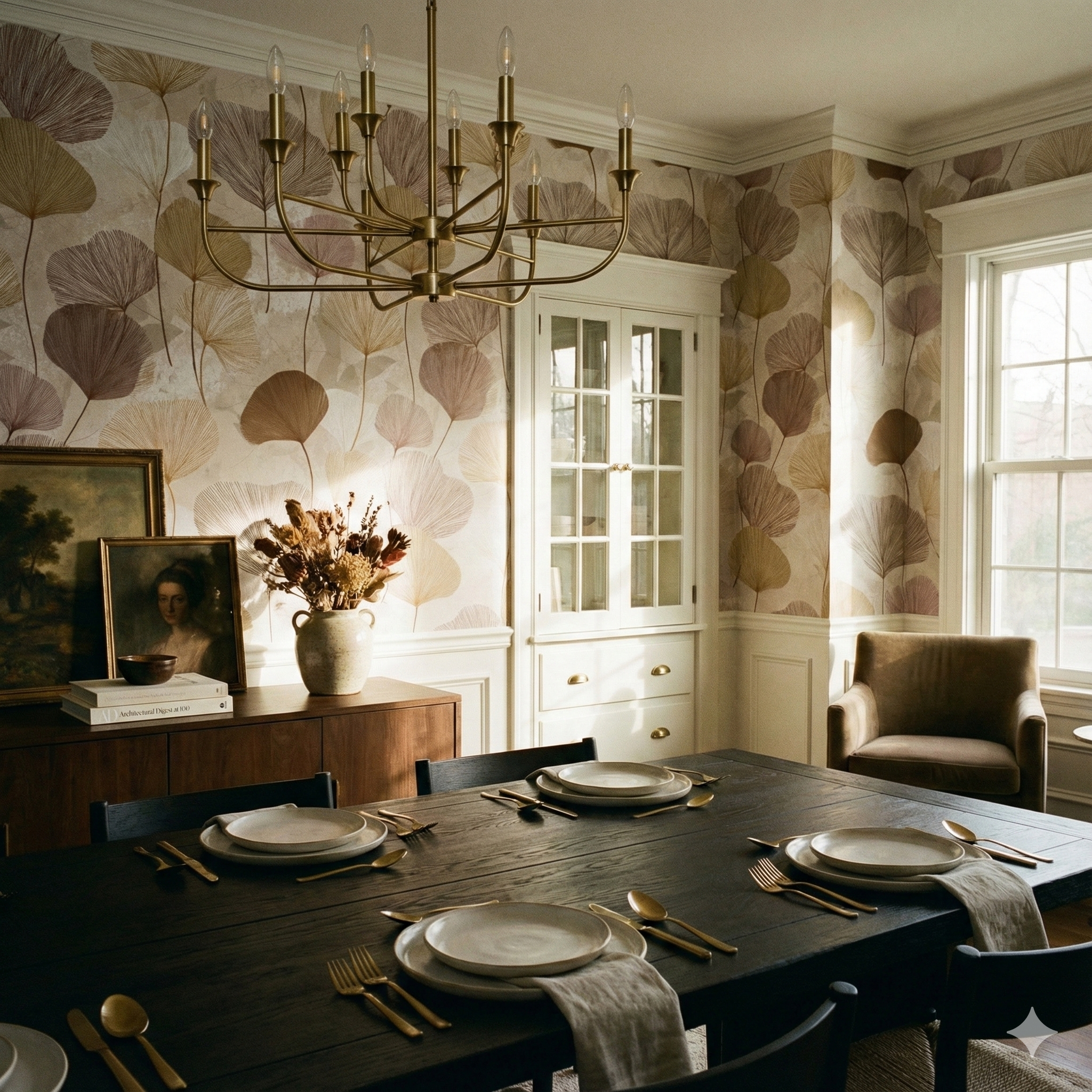 Floral canopy wallpaper with a leaf pattern, covering the walls in a traditional dining room.