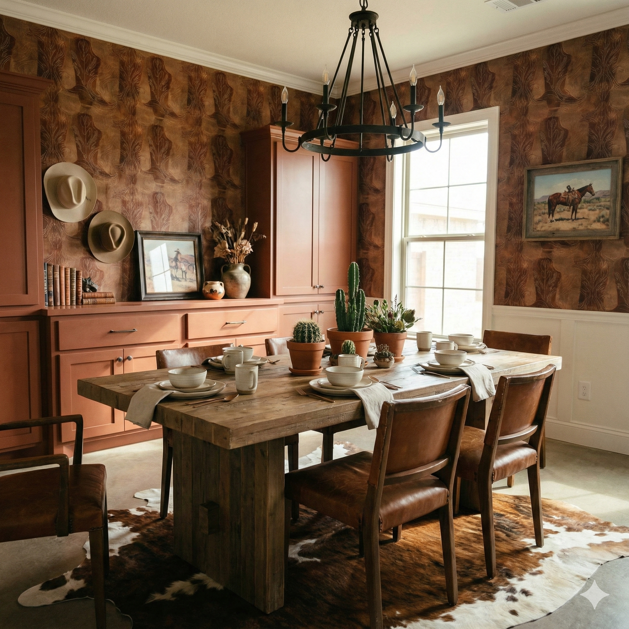 Bootmaker’s Etch wallpaper with boot pattern, textured effect in brown tones.
