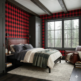 Patterned wallpaper in red and black by Cabinier, with a buffalo check design in a bedroom setting.