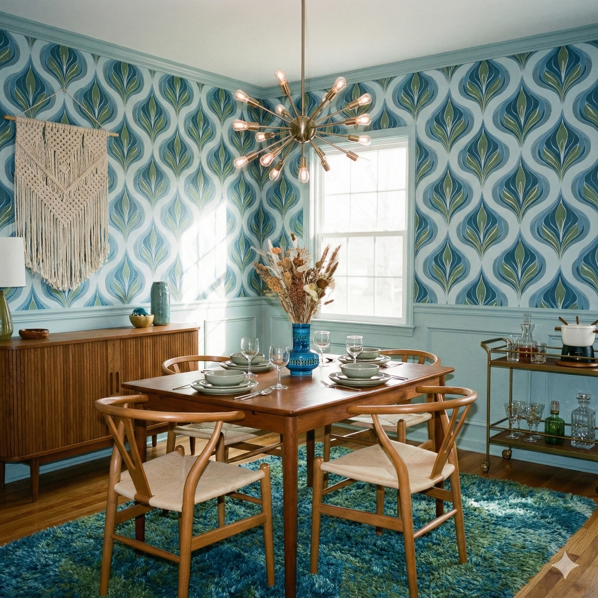 Blue and green ogee crest wallpaper from York Wallcoverings with an abstract leaf pattern in a dining room setting.
