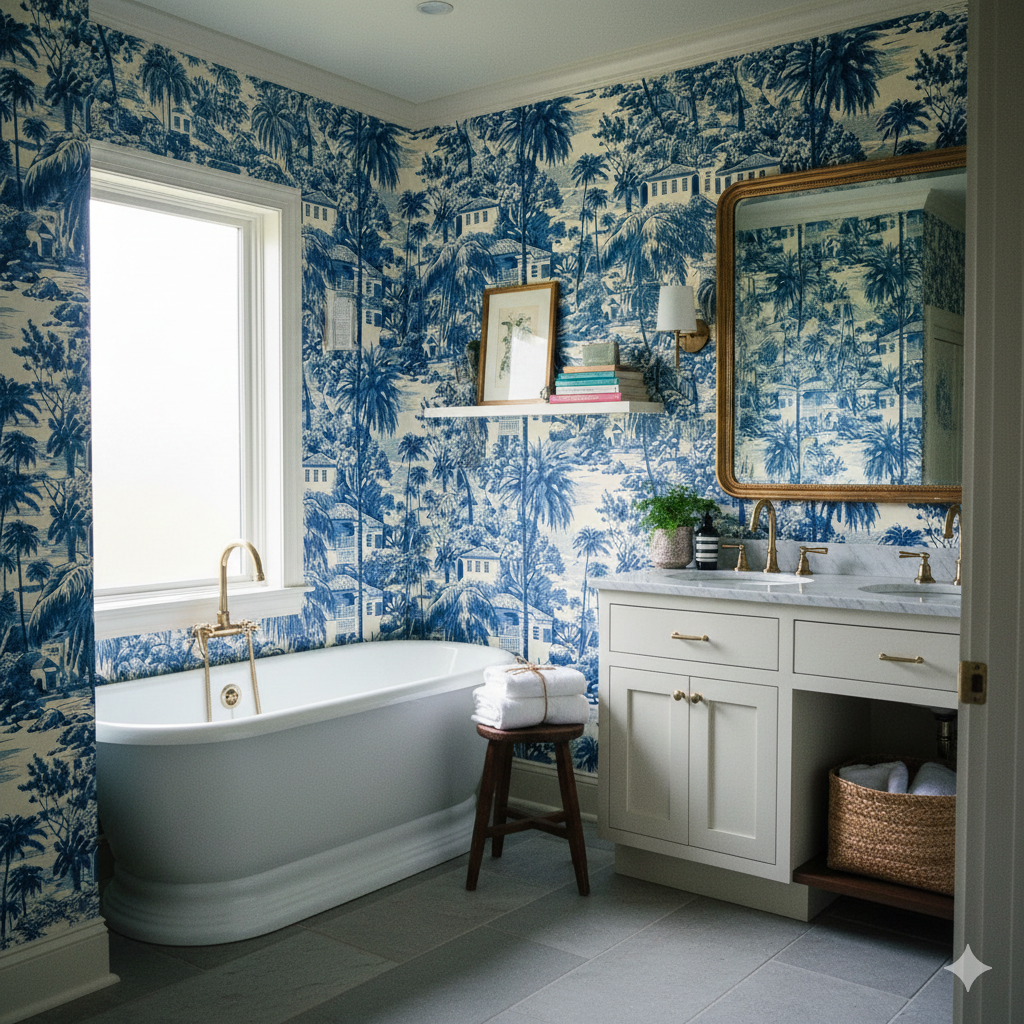 Blue and white tropical toile wallpaper with palm tree pattern, Mariner's Quiet Wallpaper.