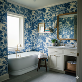 Blue and white tropical toile wallpaper with palm tree pattern, Mariner's Quiet Wallpaper.