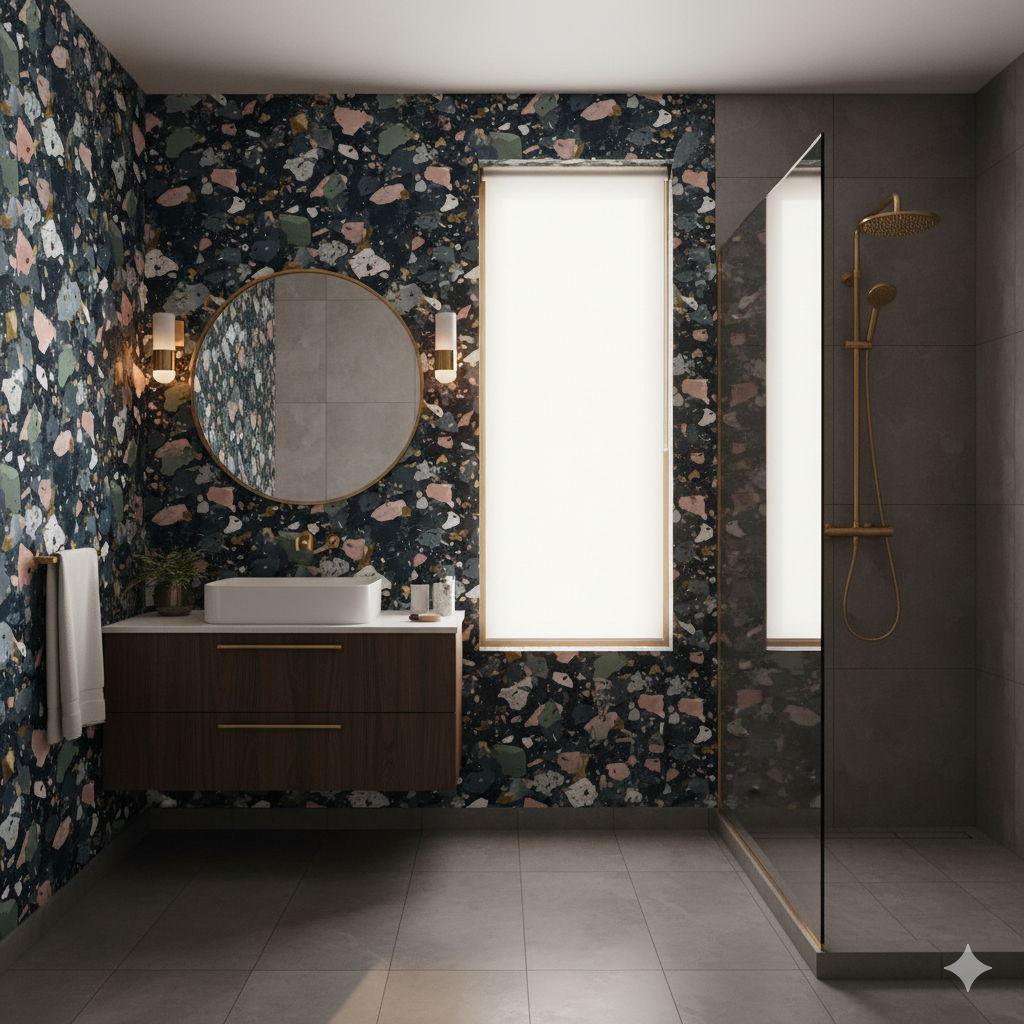 Celeste Oro wallpaper with a terrazzo pattern, showing green, pink, and blue specks.