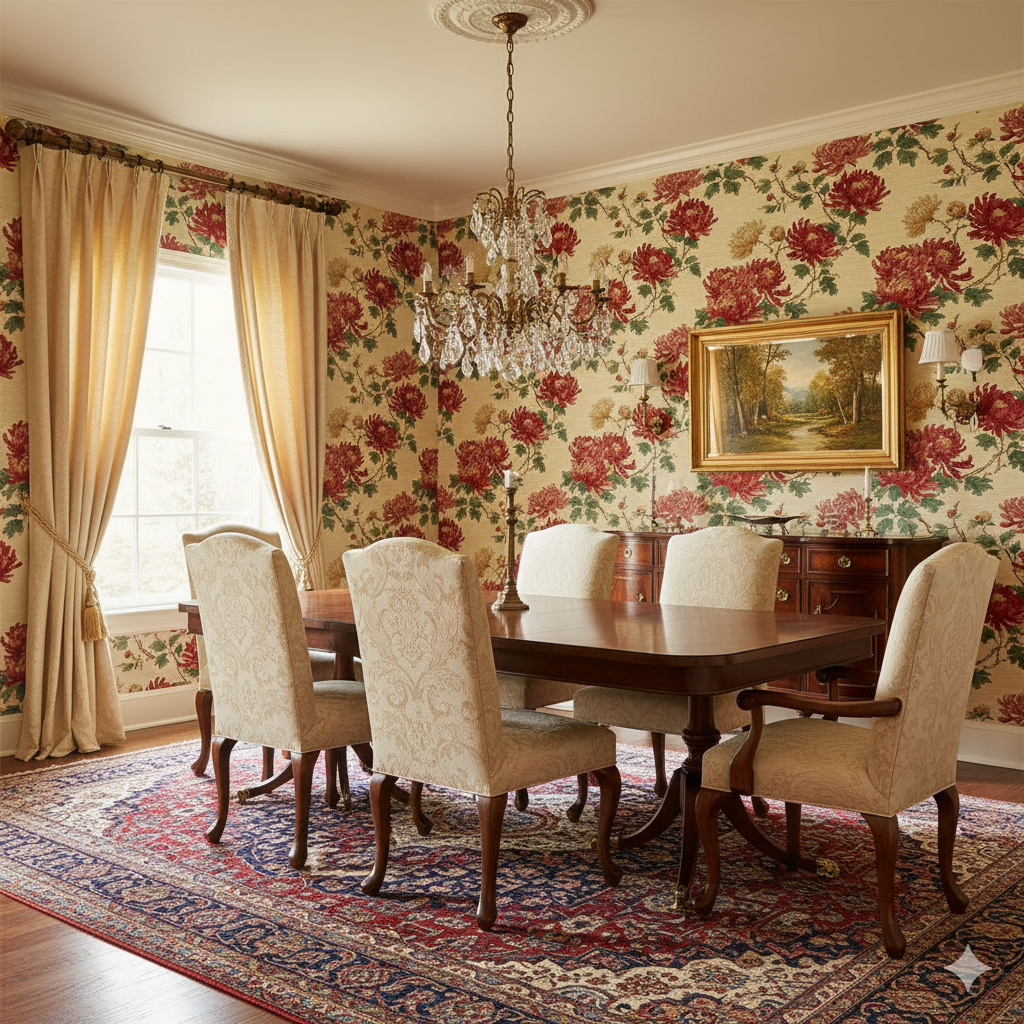 Floral patterned wallpaper with red blooms and green leaves, covering the dining room walls.