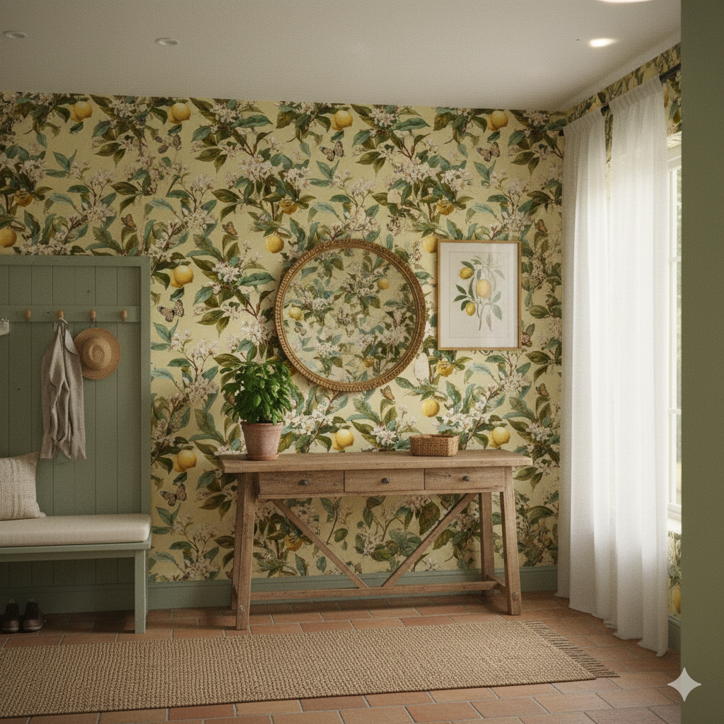 Amalfi Bloom Butterfly Wallpaper with a lemon and butterfly pattern filling the wall.