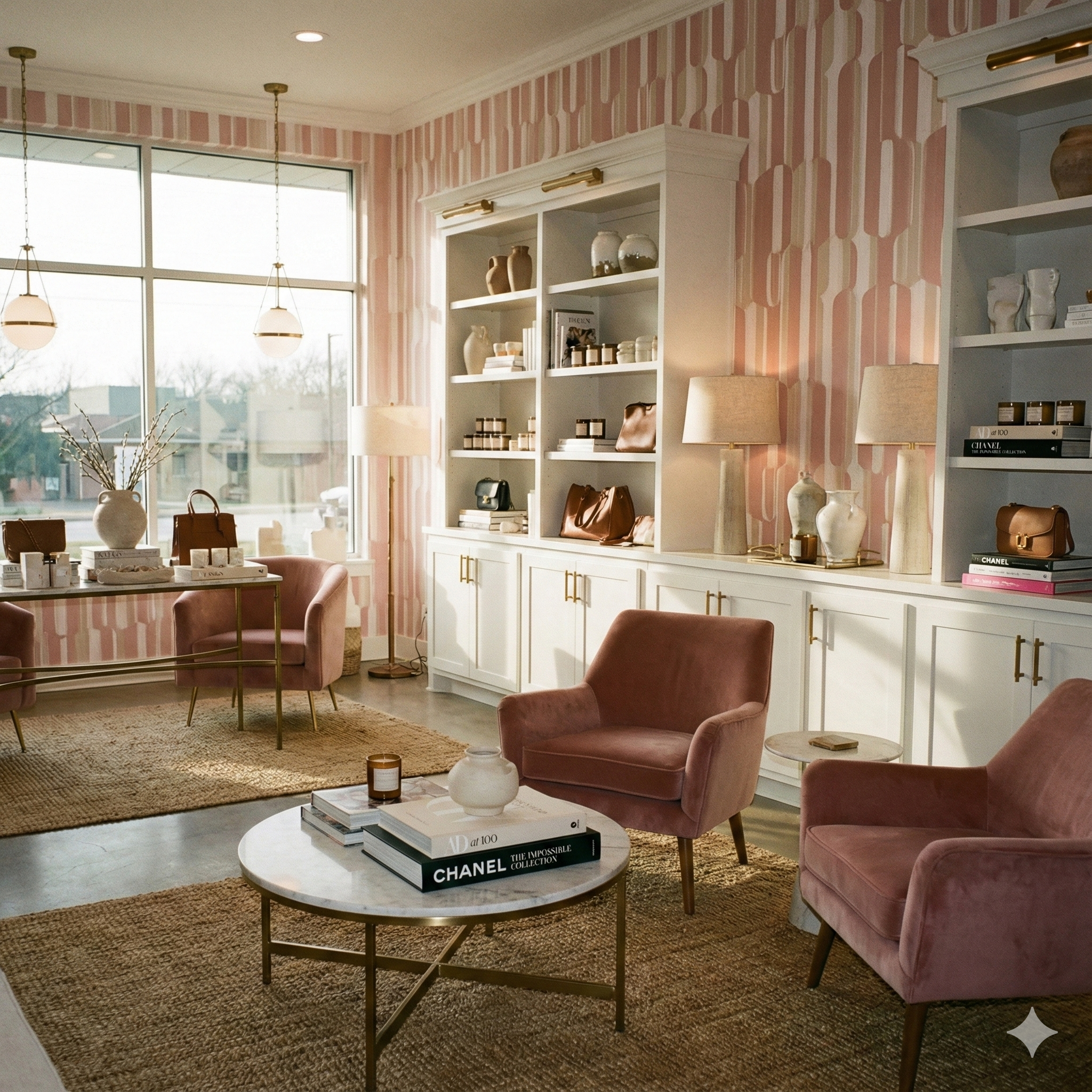 Pink and white striped wallpaper with a modern design, showing a subtle pattern of vertical bars.