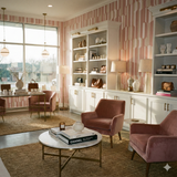 Pink and white striped wallpaper with a modern design, showing a subtle pattern of vertical bars.