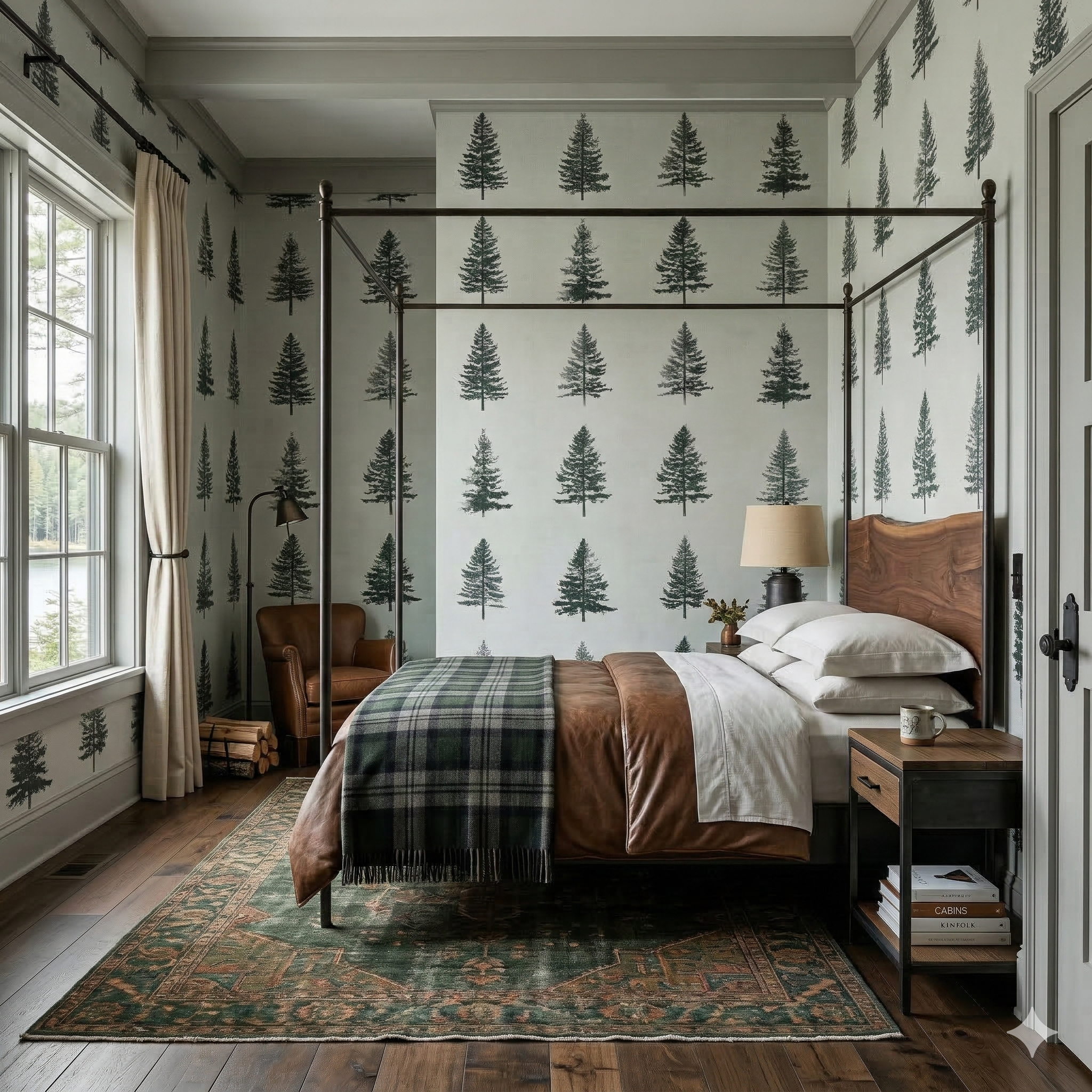 Silhouette Grove Wallpaper with green pine trees by A-Street Prints, covering a bedroom wall behind a canopy bed.