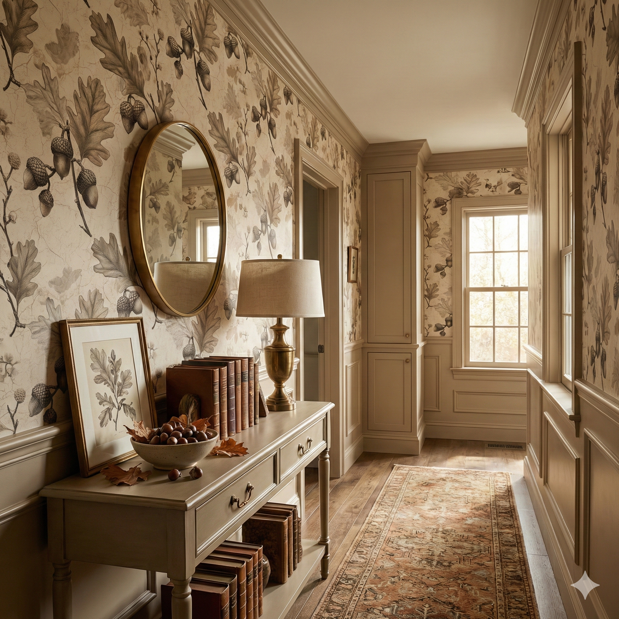 Field ledger wallpaper with acorn and oak leaf pattern, styled in a traditional hallway.