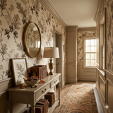 Field ledger wallpaper with acorn and oak leaf pattern, styled in a traditional hallway.