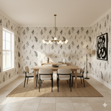 Ashen Ferns Wallpaper with leafy pattern covering the walls of a dining room.