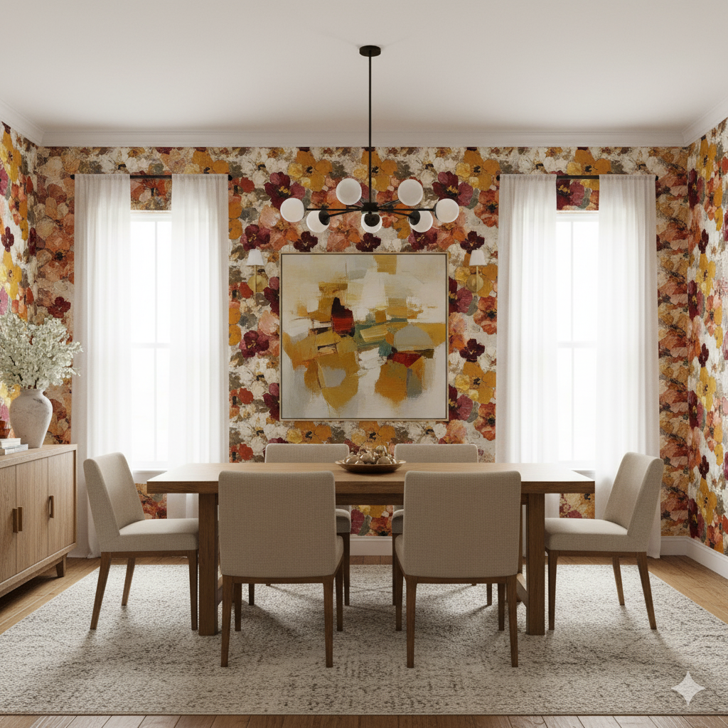 Floral wallpaper with orange, yellow, and red flower patterns covering the walls.
