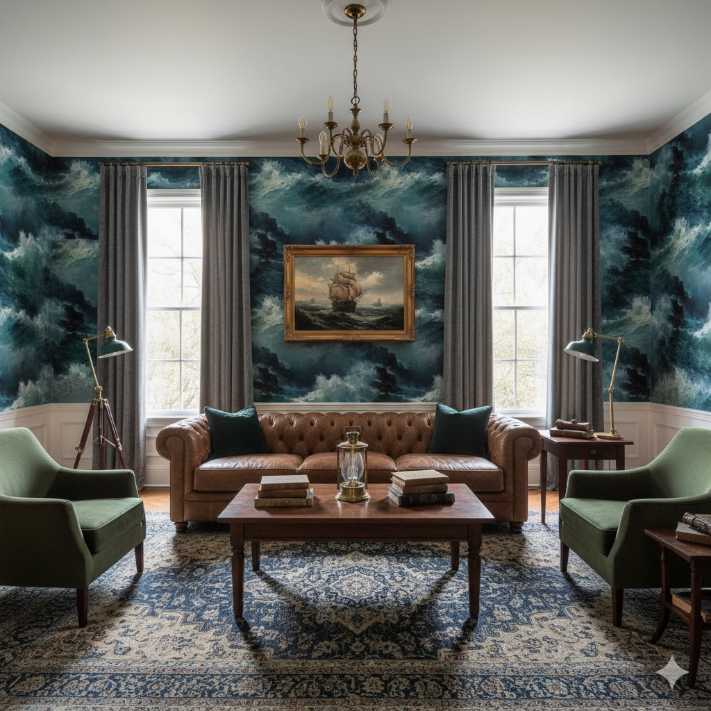Tempest Ridge wallpaper with swirling blue waves pattern, covering the walls of an elegant living room setting.
