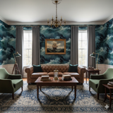 Tempest Ridge wallpaper with swirling blue waves pattern, covering the walls of an elegant living room setting.
