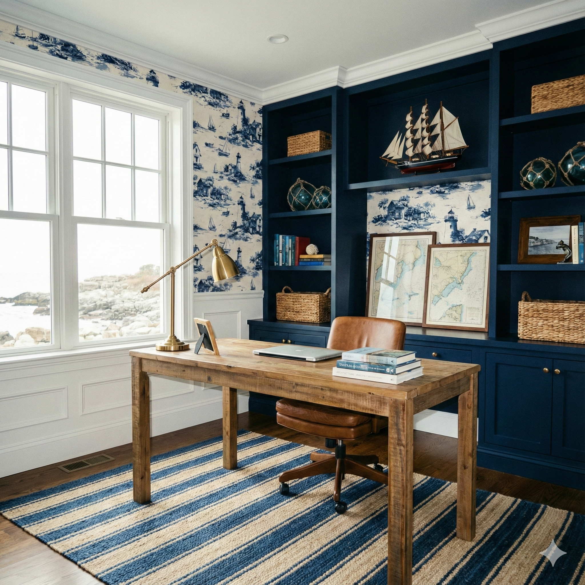 Harborlin Sketch Wallpaper with blue nautical pattern over white background.
