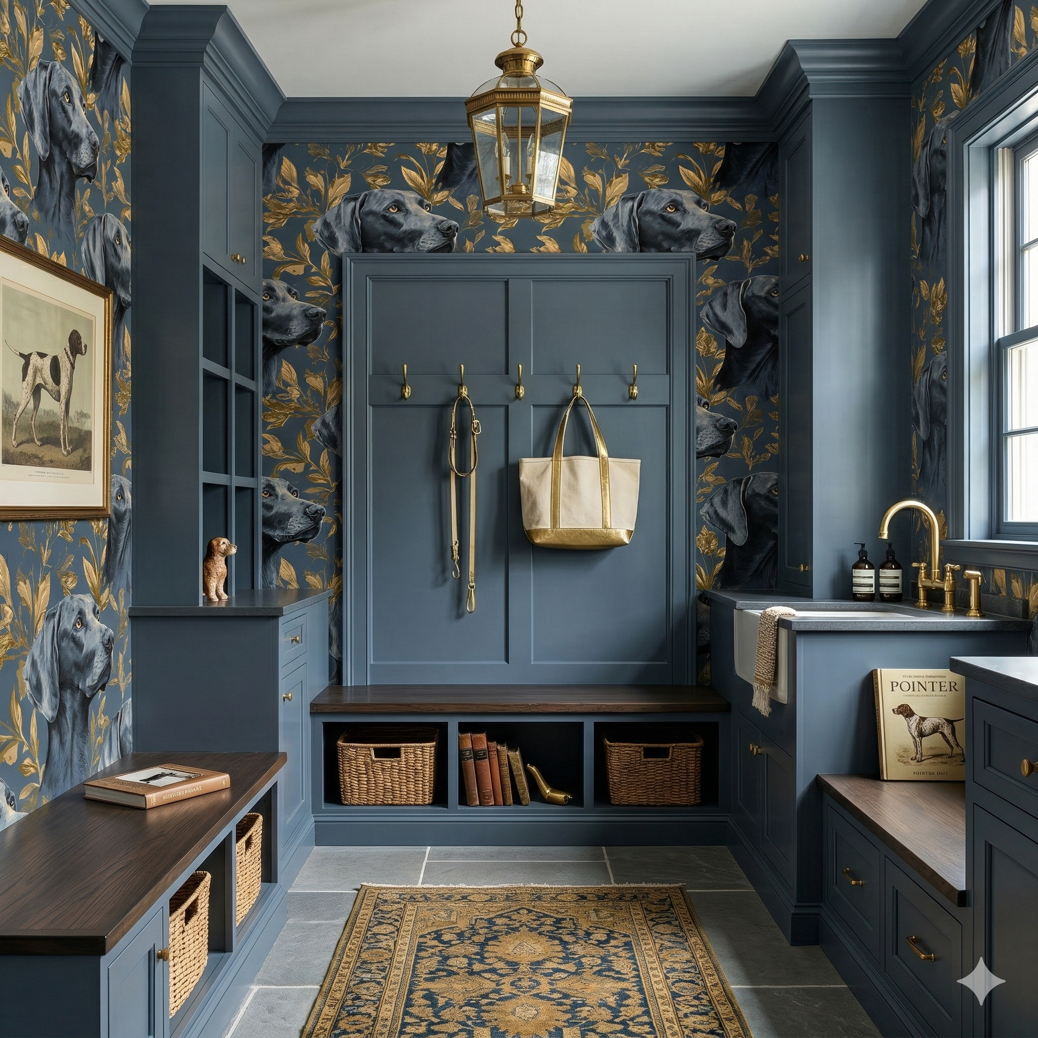 Patterned Aurelin Canopy Wallpaper with gold leaf foliage and dog portraits, covering the walls of a mudroom.
