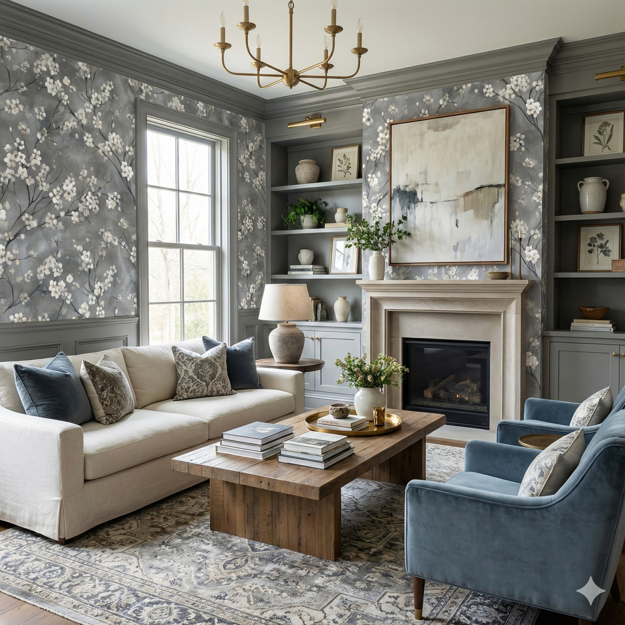 Wintering Vale Wallpaper with floral pattern by Brewster Home Fashions, covering the walls in a living room setting.
