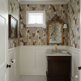 Hound-patterned wallpaper with light brown background, from Marlow, covering the walls above wainscoting in a small bathroom.
