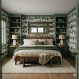 Cabin Ridge Wallpaper with forest cabin pattern on walls around a bed.