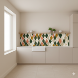 Mariner’s Harlequin wallpaper featuring diamond shapes in green, orange, and gold with a geometric pattern.