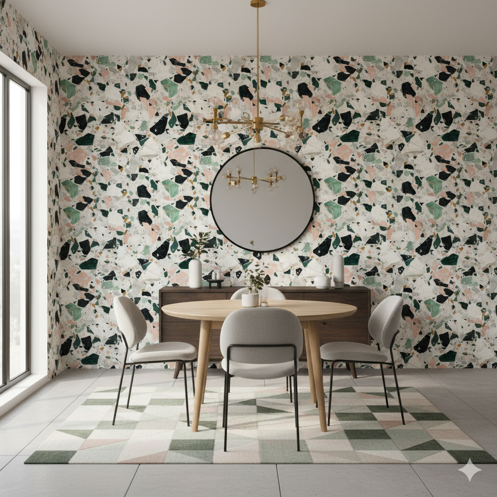 Verona Verde Wallpaper with a terrazzo pattern covering the wall of a dining room.
