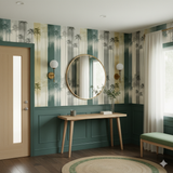 Sylva Veil Wallpaper with a pattern of palm trees in shades of green and gray, covering the wall from the wainscoting up.