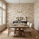 Floral ivory magnolia wallpaper with branches pattern, in a classically decorated dining room.

