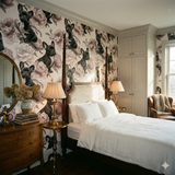 Boulevard François Wallpaper with flower and dog pattern on bedroom wall.