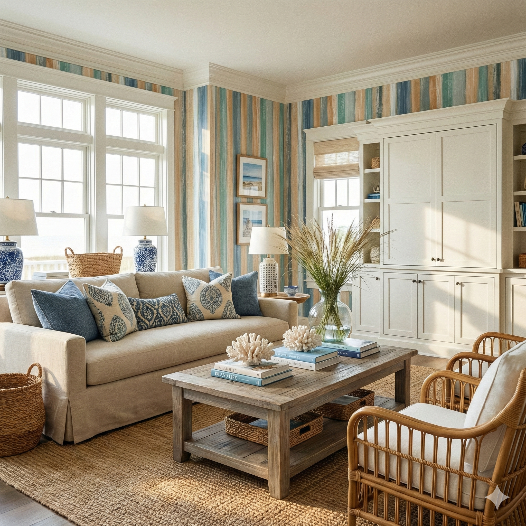 Drifted Strata Wallpaper with vertical painted stripe pattern in coastal interior.
