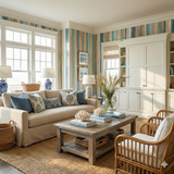 Drifted Strata Wallpaper with vertical painted stripe pattern in coastal interior.
