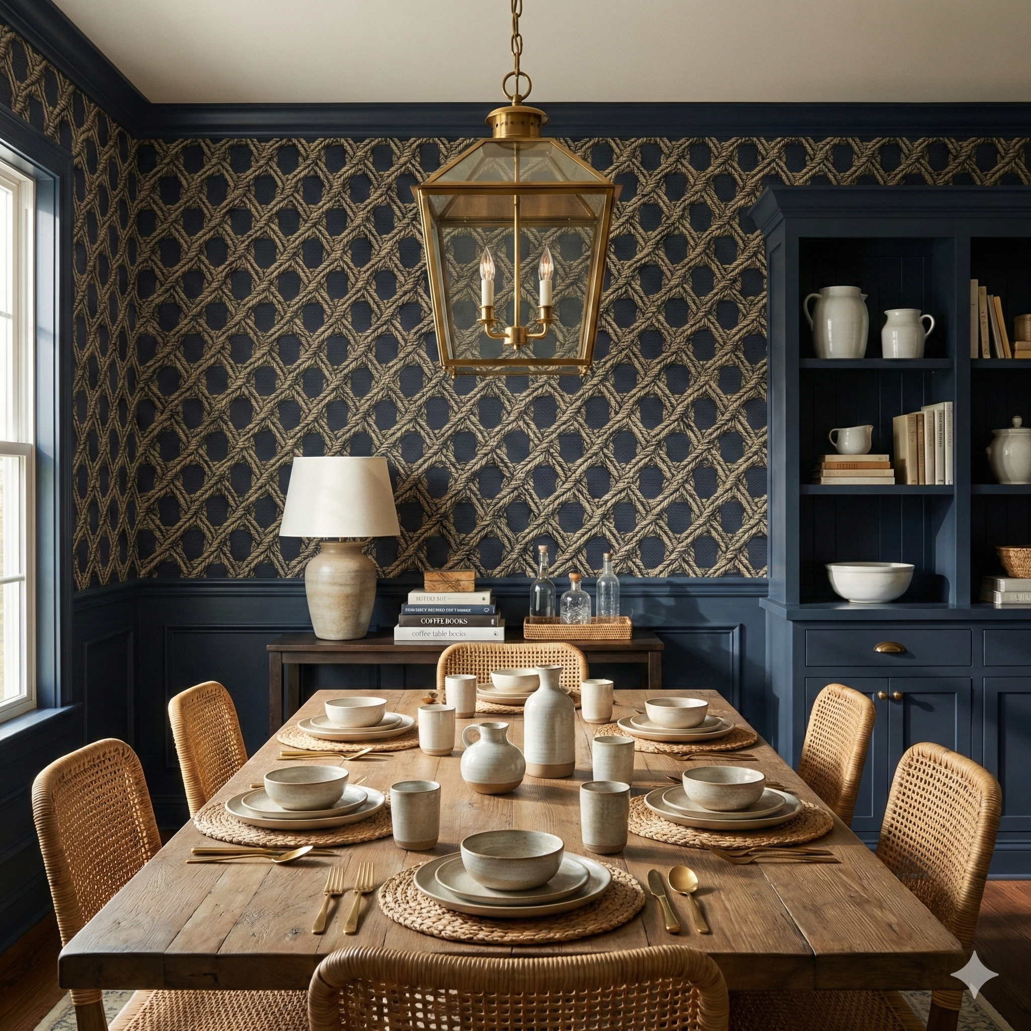 Hitch Knot Ledger wallpaper with nautical rope pattern against a navy backdrop.
