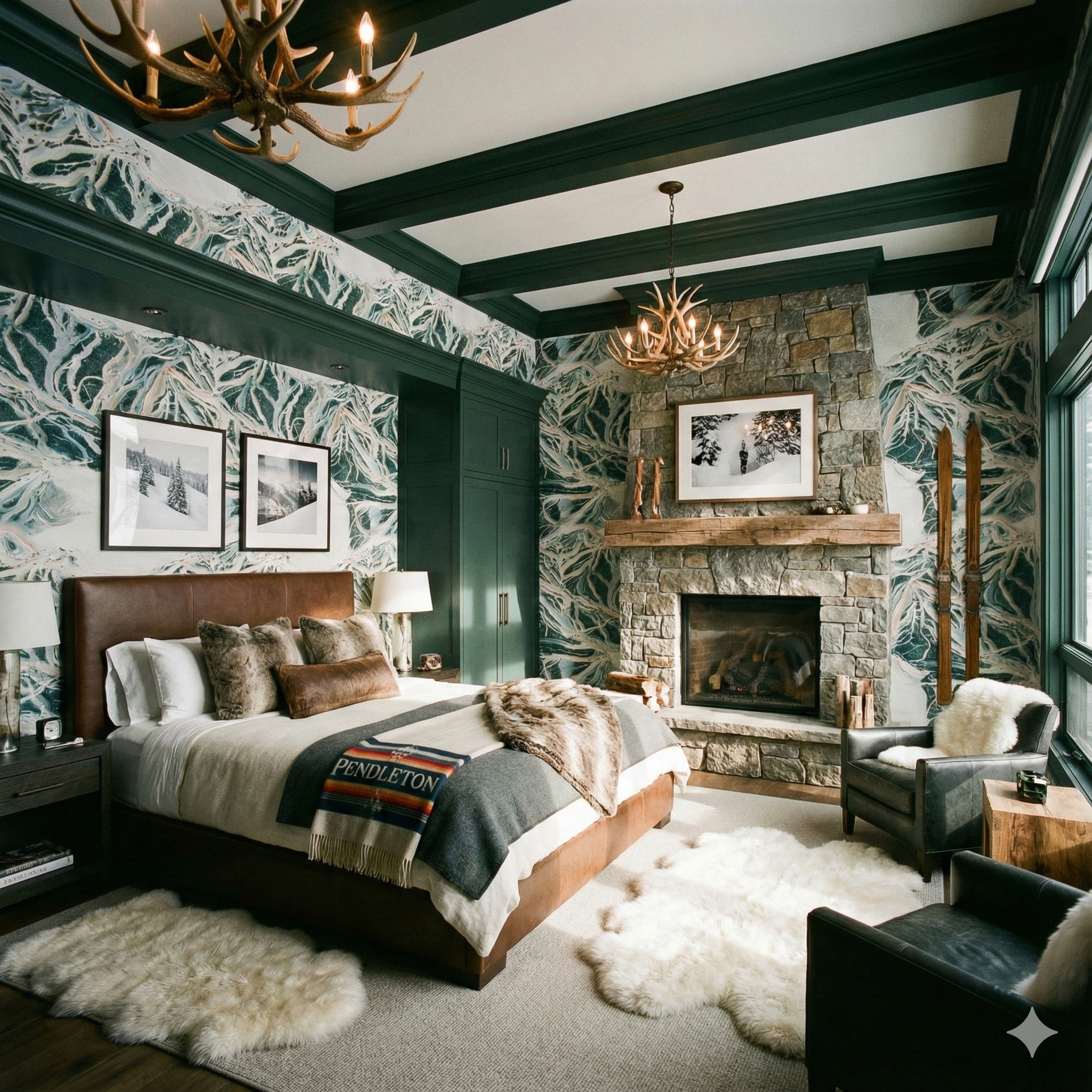 Wallpaper featuring a mountain scene by Mitchell Black, with a natural organic pattern in light blue and white.