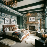 Wallpaper featuring a mountain scene by Mitchell Black, with a natural organic pattern in light blue and white.