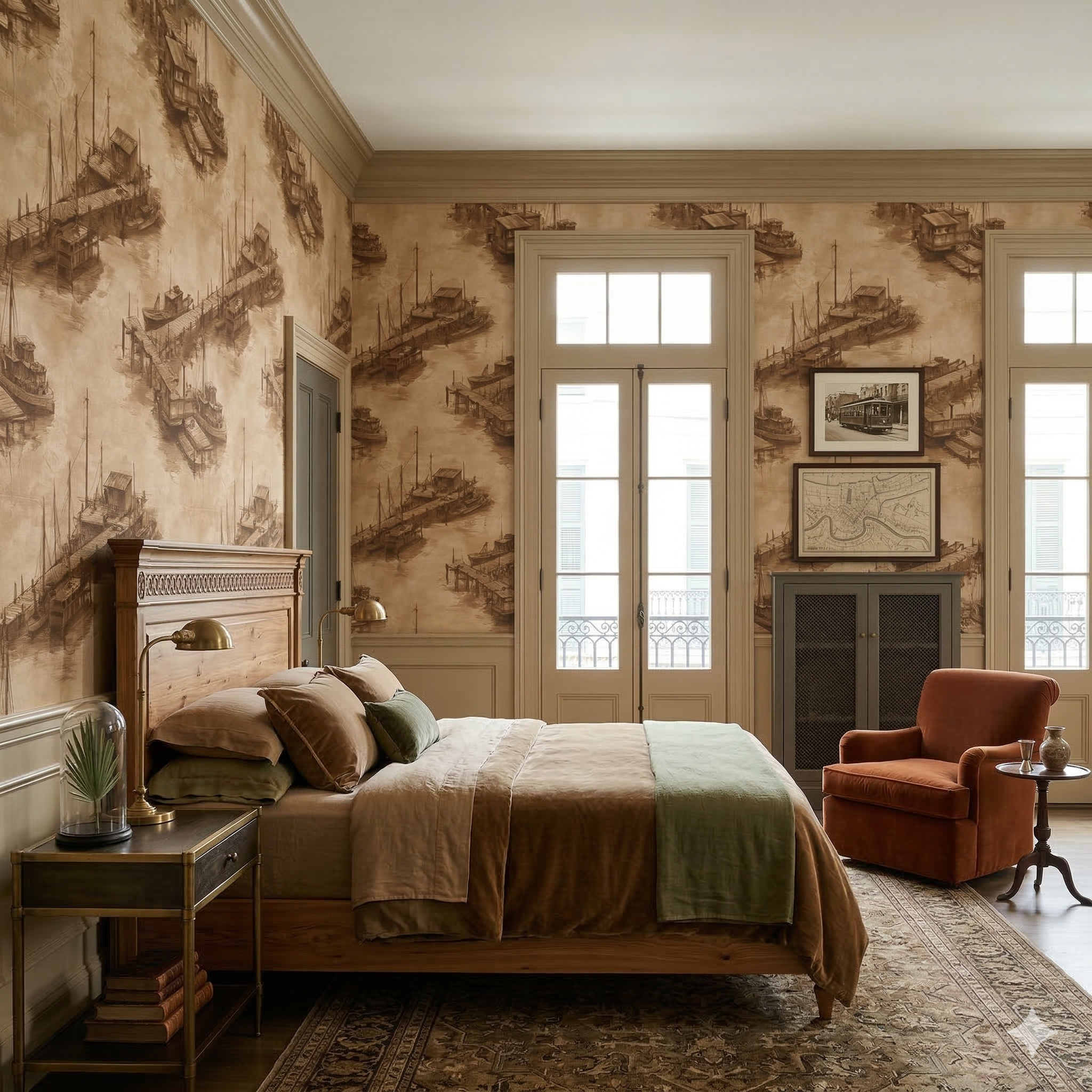 Sepia wallpaper with sketched boat pattern, Harborline Sepia Wallpaper, with brown trim and baseboard, in a styled bedroom.
