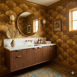 Aureate shell patterned wallpaper with a gold color scheme, styled with a round mirror, sconces, and a floating vanity.