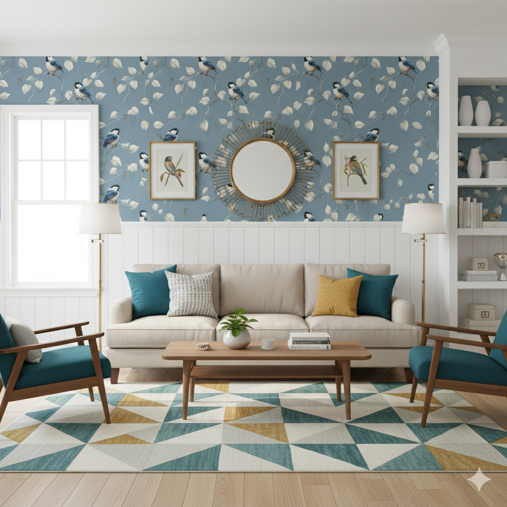 Blue Azure Finch Wallpaper with a bird and leaf pattern on a blue background.