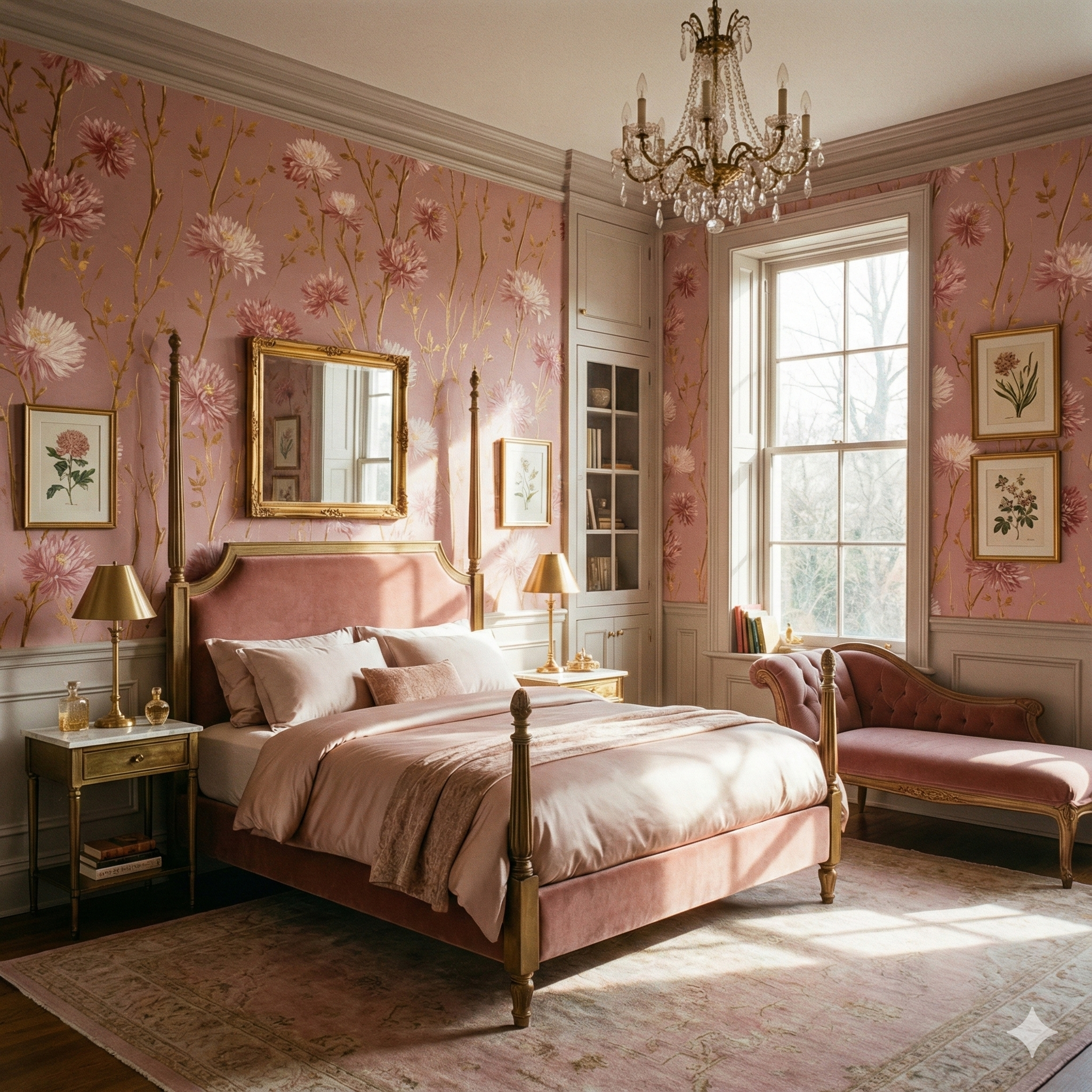 Rosette Emberfield wallpaper with pink floral pattern on a traditional style bedroom wall.