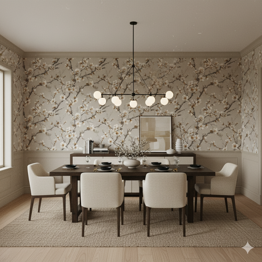Ashen Bloom Wallpaper with a neutral floral pattern filling the entire wall.