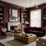Damask pattern wallpaper with ember color by unknown brand, decorating a stylishly furnished living room.