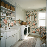 Portwyn Peony Wallpaper with rose and leaf patterns, visible in a laundry room setting.