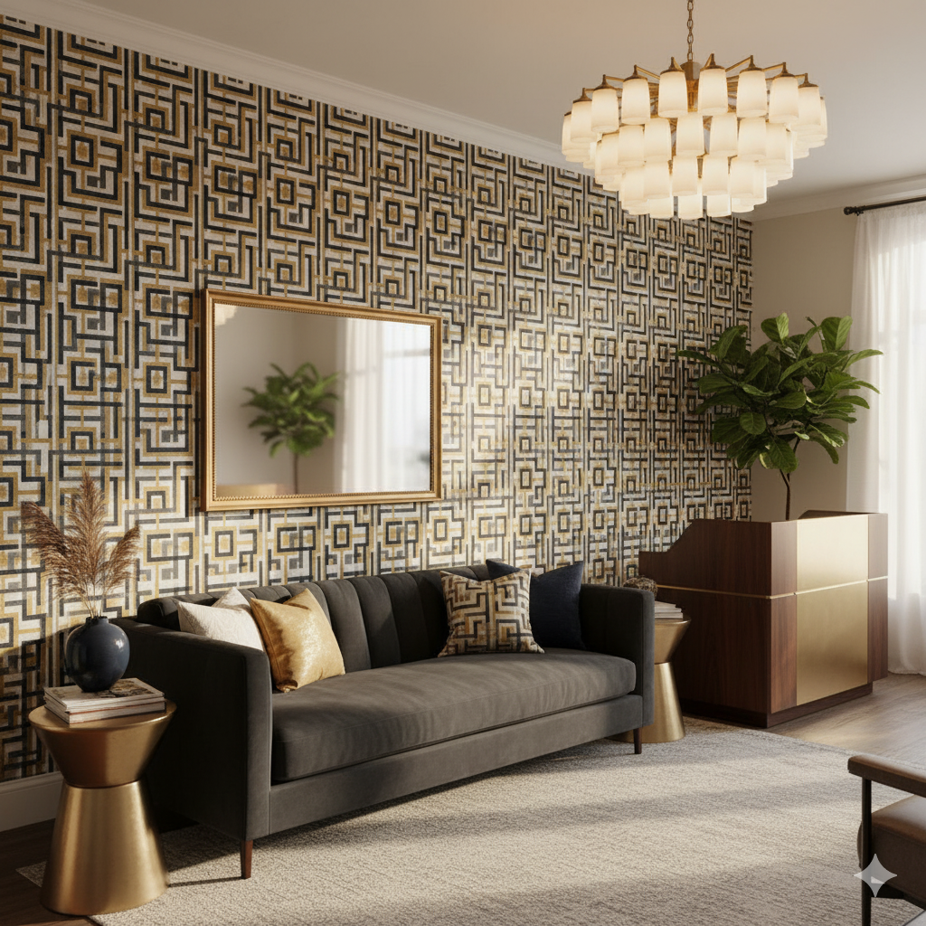 Aurum Maze Wallpaper featuring a geometric pattern with gold and black details.